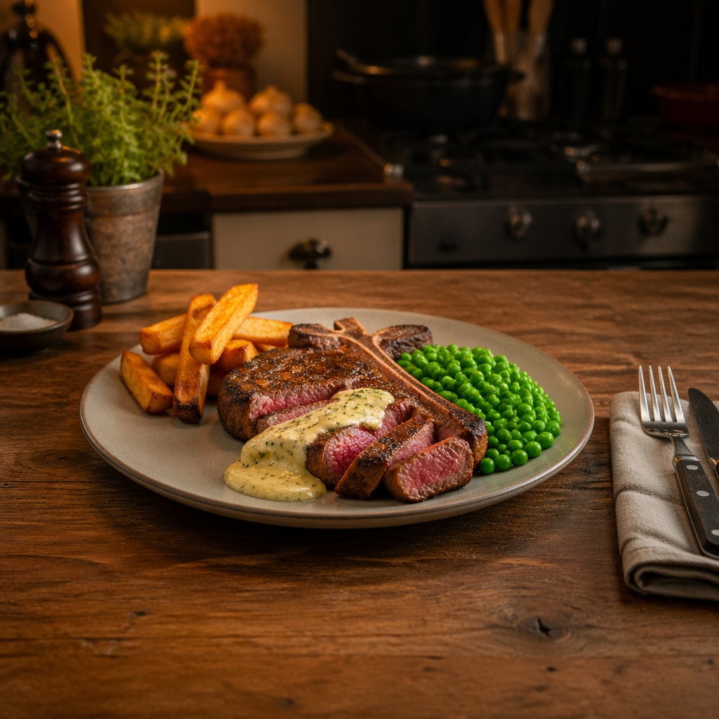 T-Bone Steak with Béarnaise, Peas, and Triple-Fried Fries