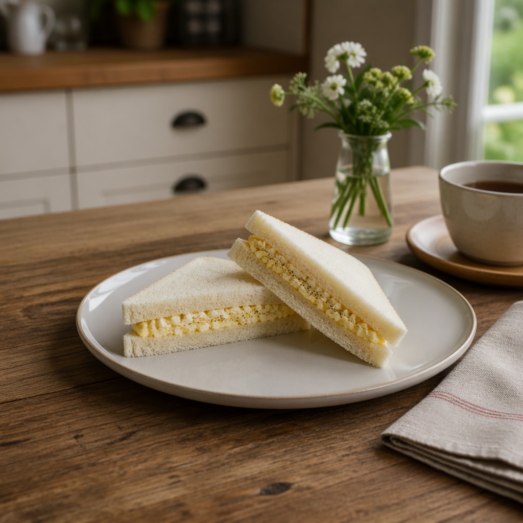 sándwich de huevo con pan blanco sin corteza