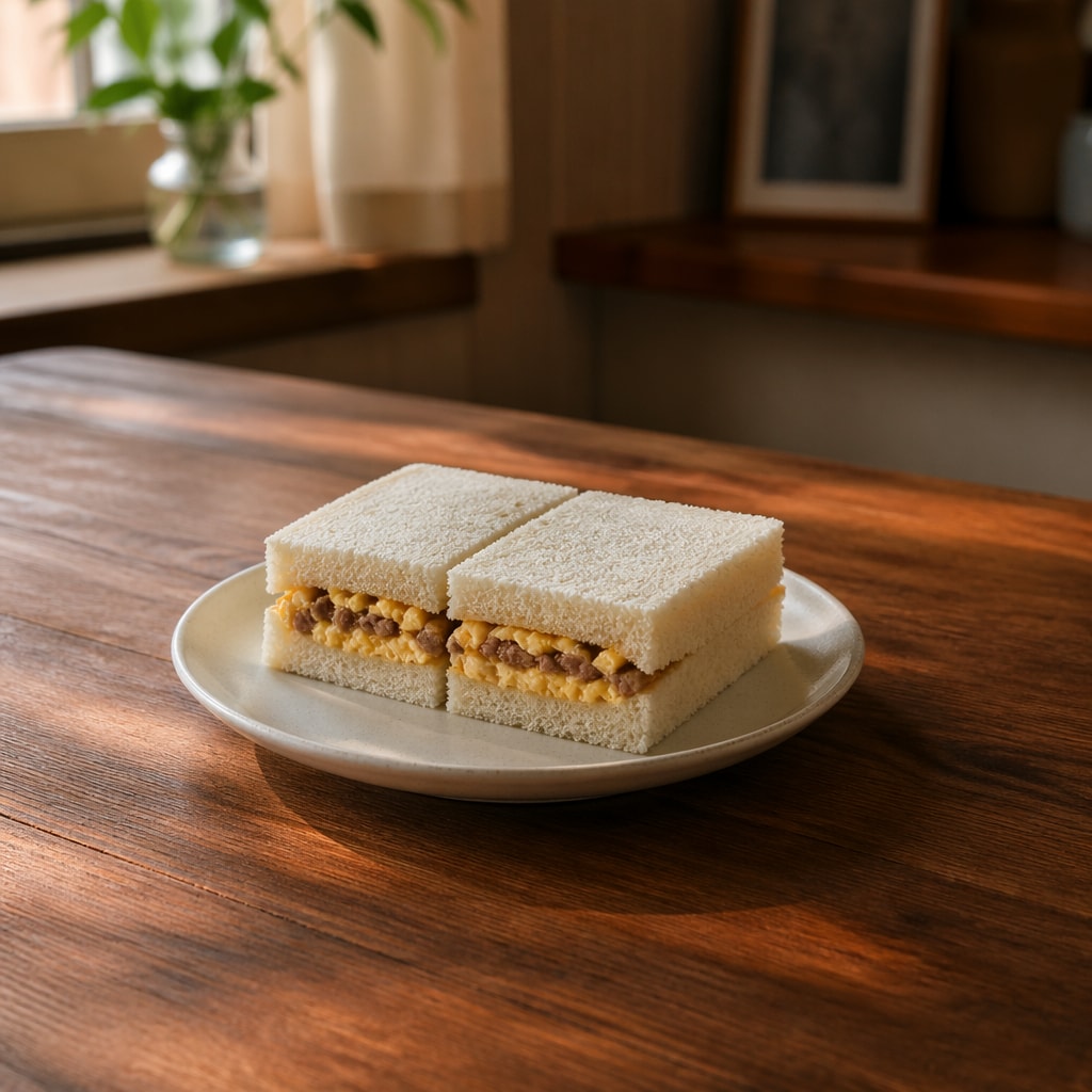 Sándwich japonés sin corteza de pan blanco con huevo y ternera