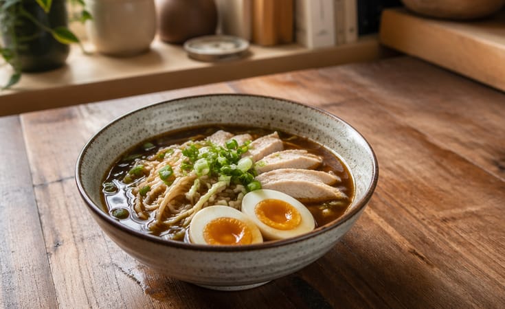 Soy Sauce Noodle Soup with Chicken, Egg, and Scallion