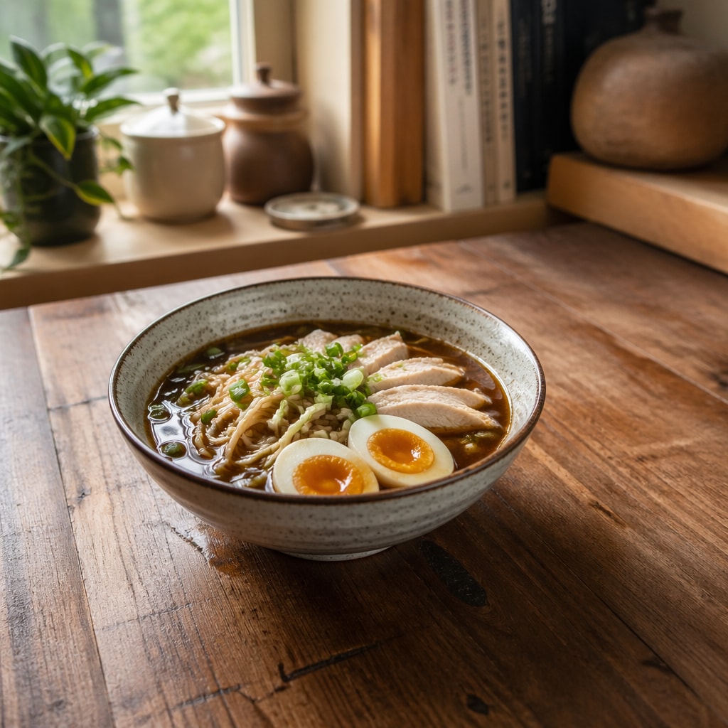 চিকেন ও ডিমসহ সয়া সস নুডল স্যুপ