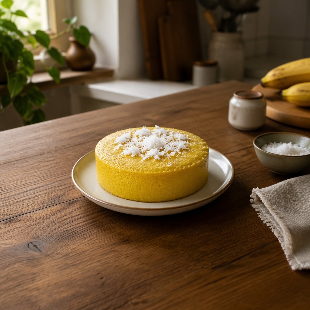 Steamed Banana Rice Cake with Coconut and Turmeric