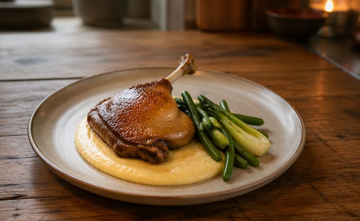 Roasted Duck Leg with Silken Polenta and Green Beans with Bok Choy