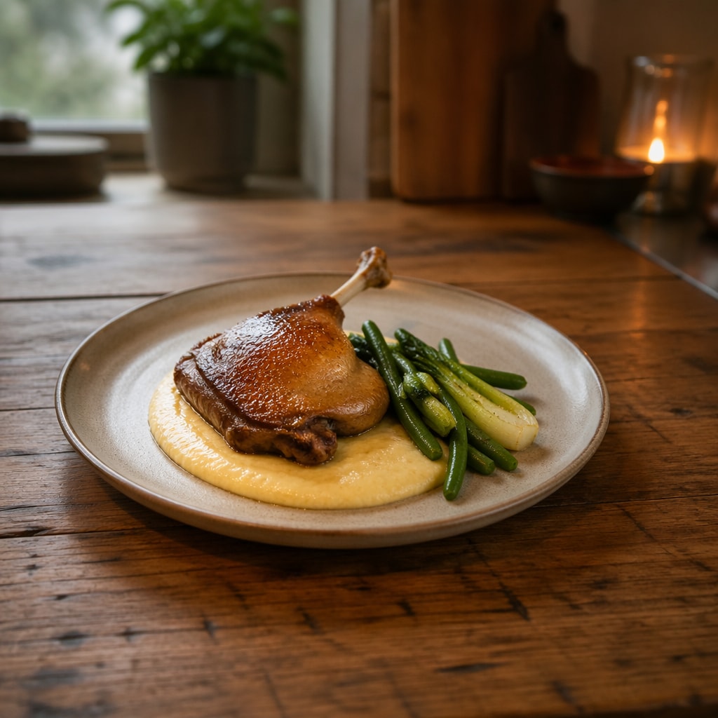 ران اردک بریان با پولنتای خامه‌ای و سبزیجات سبز