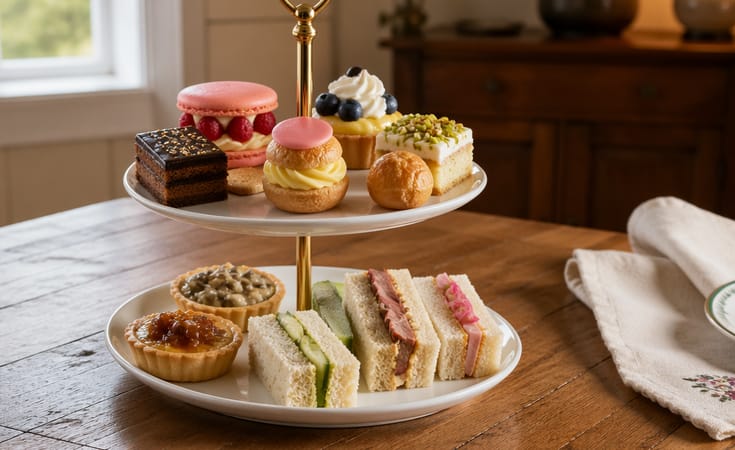 Grand Afternoon Tea Assortment with Pastries, Tartlets, and Savory Bites
