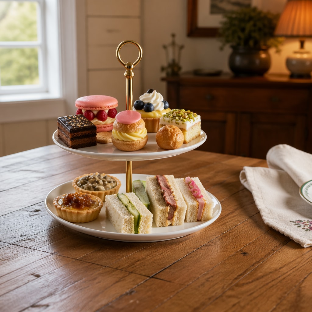 Kétszintes délutáni teaválogatás süteményekkel és sós falatokkal