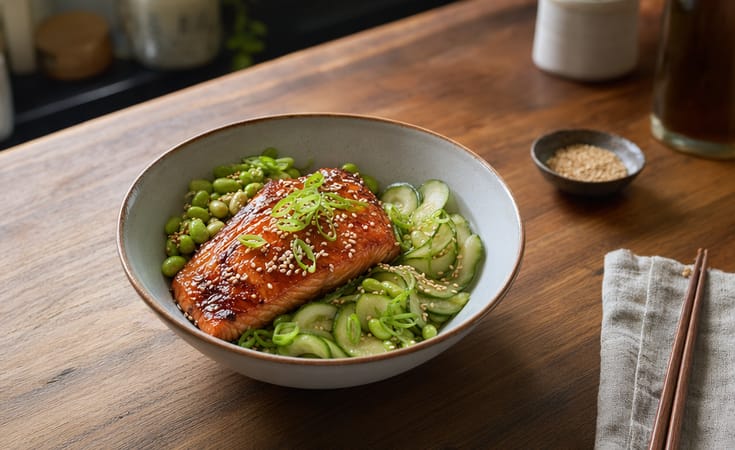 Glazed Salmon Bowl with Edamame, Cucumber, Scallion, and Sesame