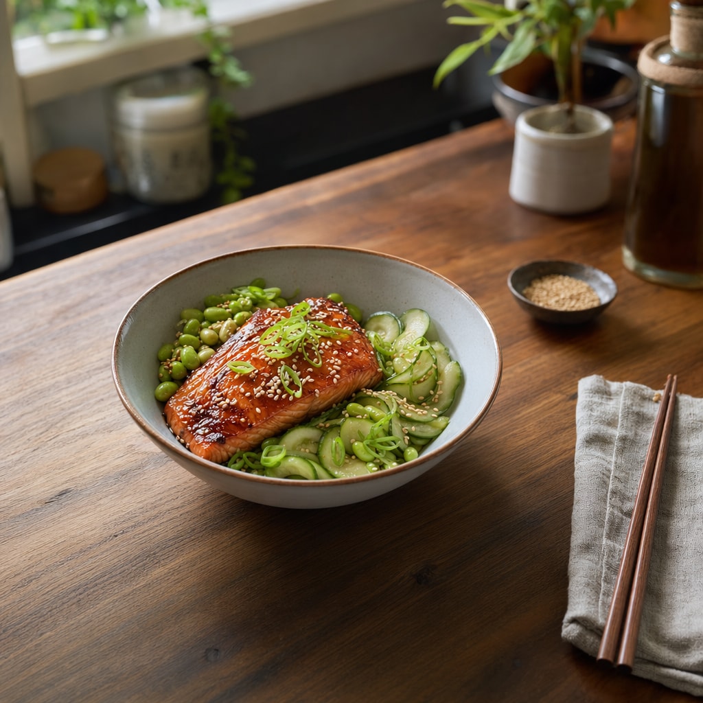 Bol de salmó glacejat amb edamame, cogombre, ceba tendra i sèsam