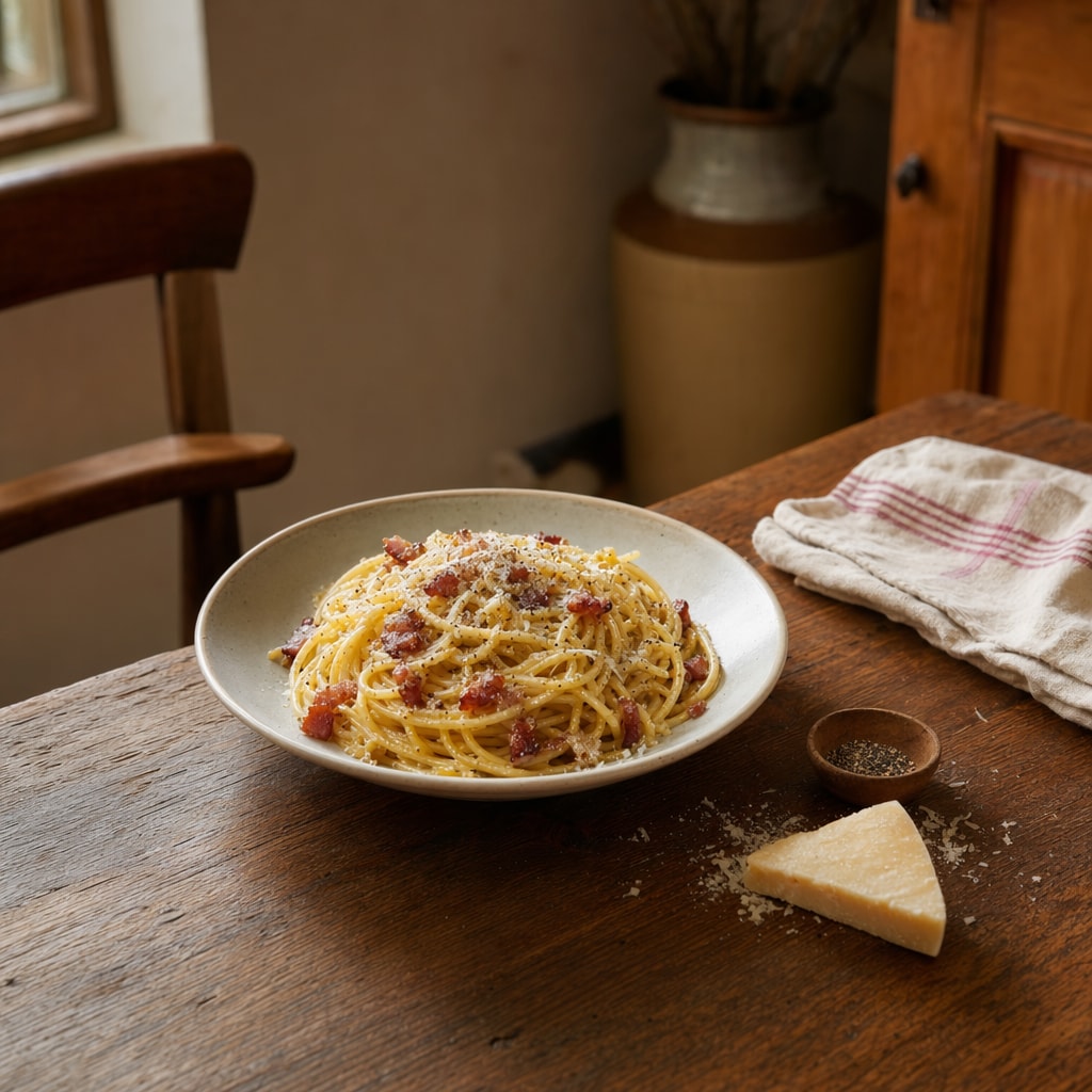 Spaghetti carbonara met pancetta en parmesaan