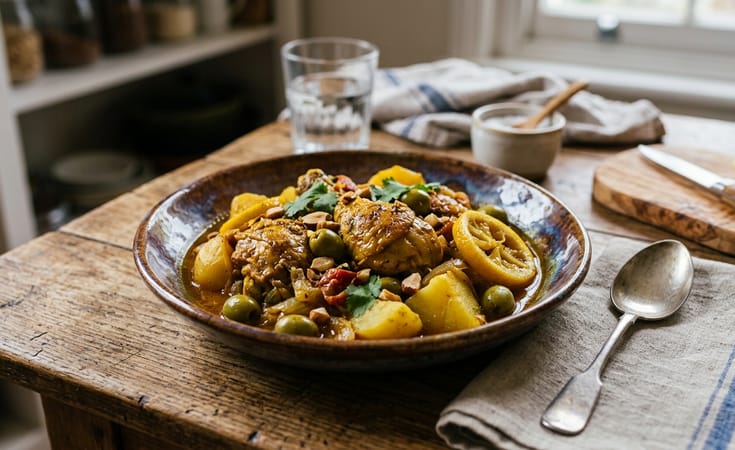 Moroccan Chicken Stew with Potatoes, Green Olives, and Lemon