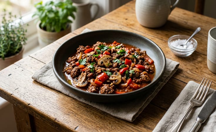Rustic Beef Skillet with Peppers, Mushrooms, and Tomato