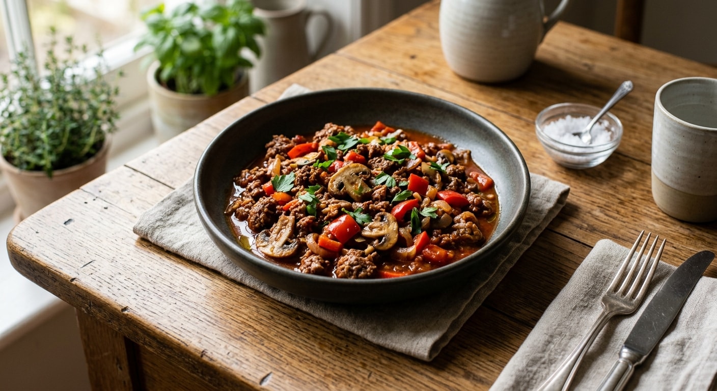 Rustic Beef Skillet with Peppers, Mushrooms, and Tomato