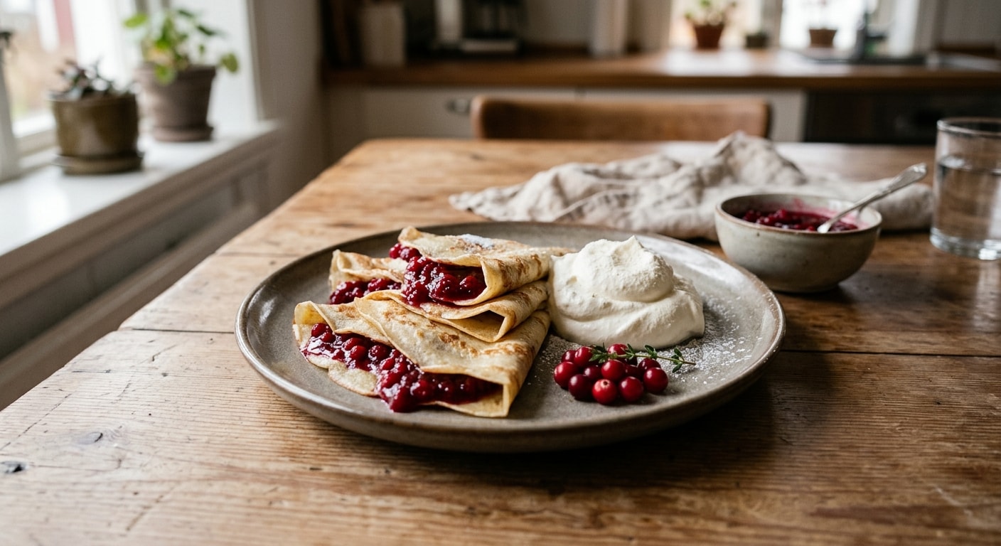 Švediški blyneliai su bruknių uogiene ir plakta grietinėle