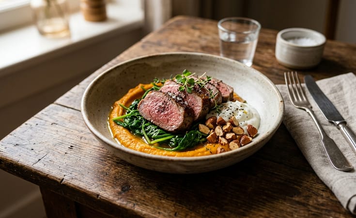 Seared Lamb with Sweet Potato Purée, Wilted Spinach, Yogurt, and Almonds
