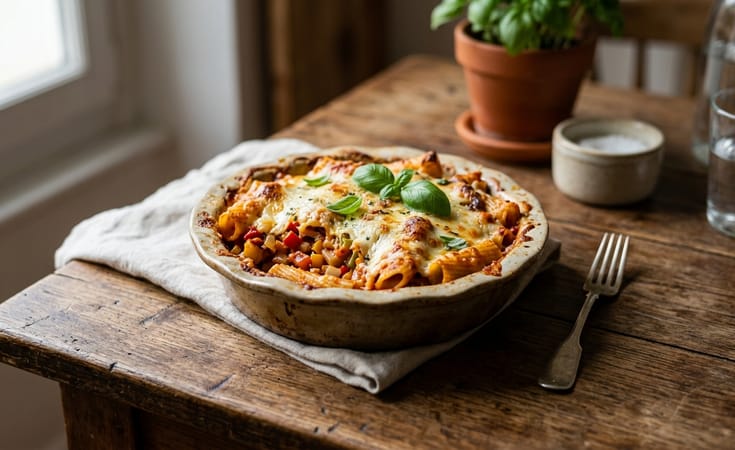 Baked Pasta with Tomato, Mozzarella, and Parmesan