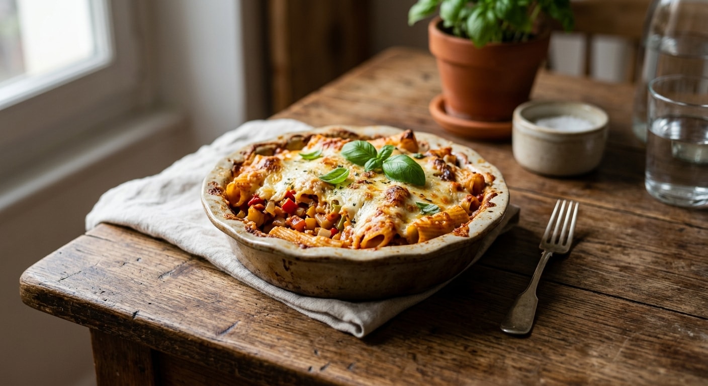 Baked Pasta with Tomato, Mozzarella, and Parmesan