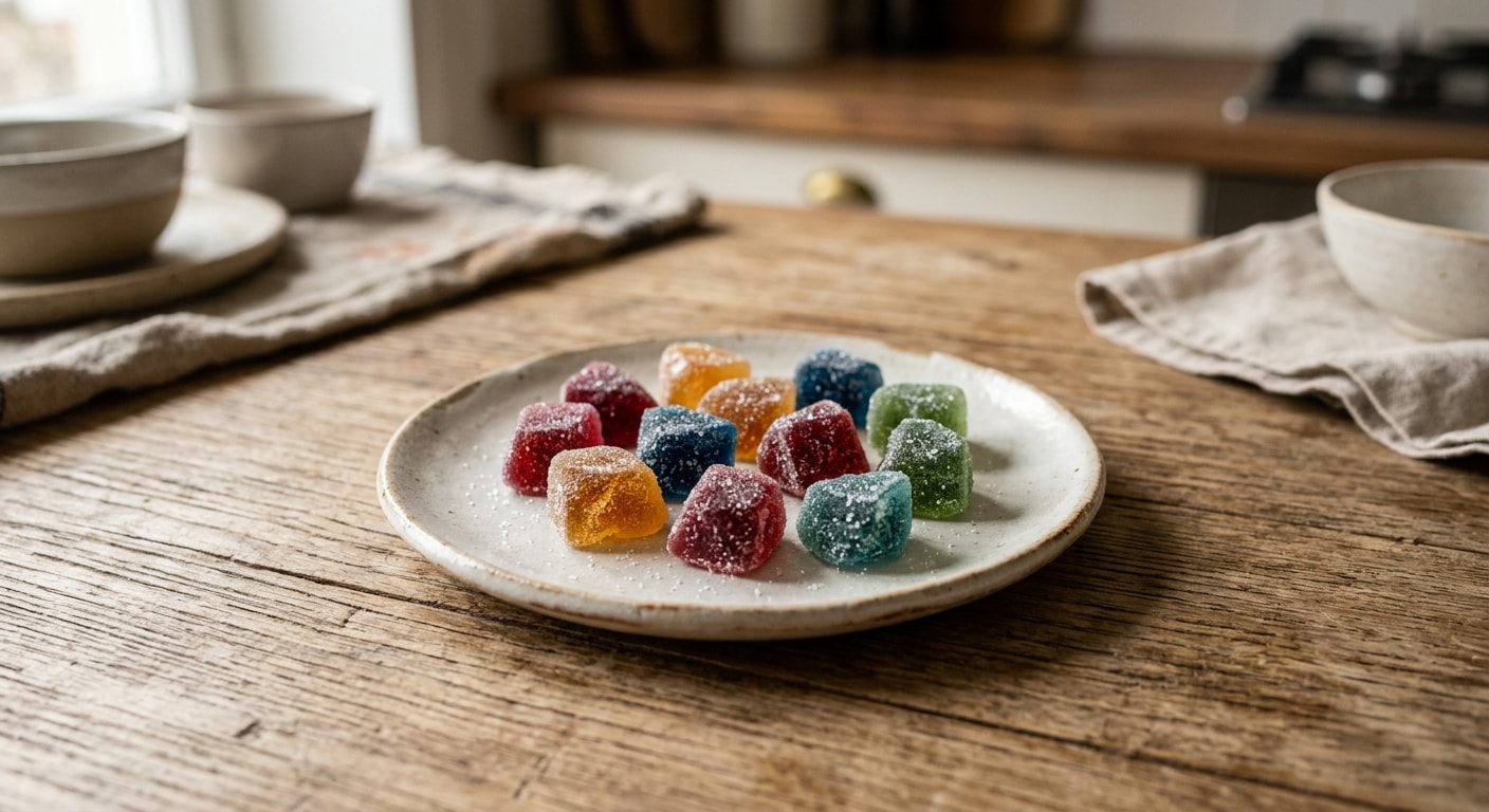 Želé cukríky s cukrovou posýpkou v brúsenom tvare