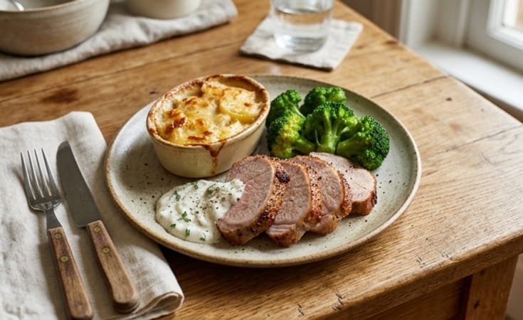 Roast Pork Loin with Potato Gratin, Broccoli, and Horseradish Cream