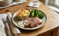 Roast Pork Loin with Potato Gratin, Broccoli, and Horseradish Cream