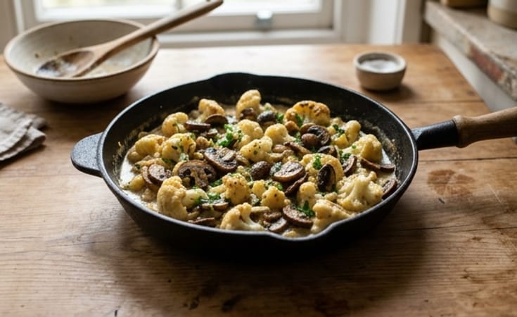 Silken Cauliflower and Mushroom Skillet with Parsley Cream
