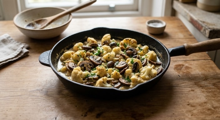 Silken Cauliflower and Mushroom Skillet with Parsley Cream