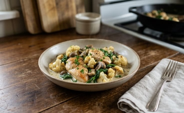 Creamy Chicken, Cauliflower, Mushroom, and Spinach Skillet