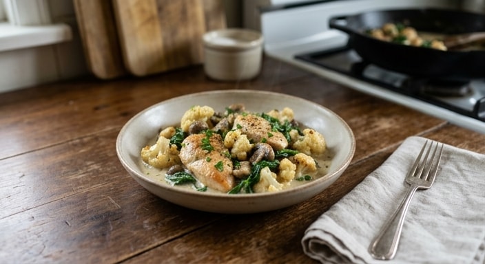 Creamy Chicken, Cauliflower, Mushroom, and Spinach Skillet