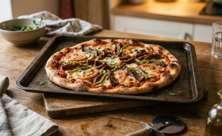 Doner Kebab Pizza with Tomato, Green Pepper, and Mozzarella