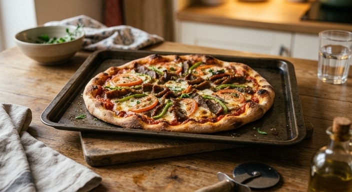 Doner Kebab Pizza with Tomato, Green Pepper, and Mozzarella