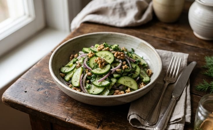 Georgian Cucumber Salad with Herbs, Walnuts, and Oil-Vinegar Dressing