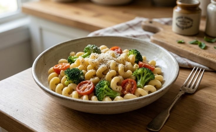 Cavatappi with Broccoli, Cherry Tomato, and Parmesan Alfredo