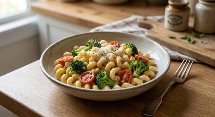 Cavatappi with Broccoli, Cherry Tomato, and Parmesan Alfredo