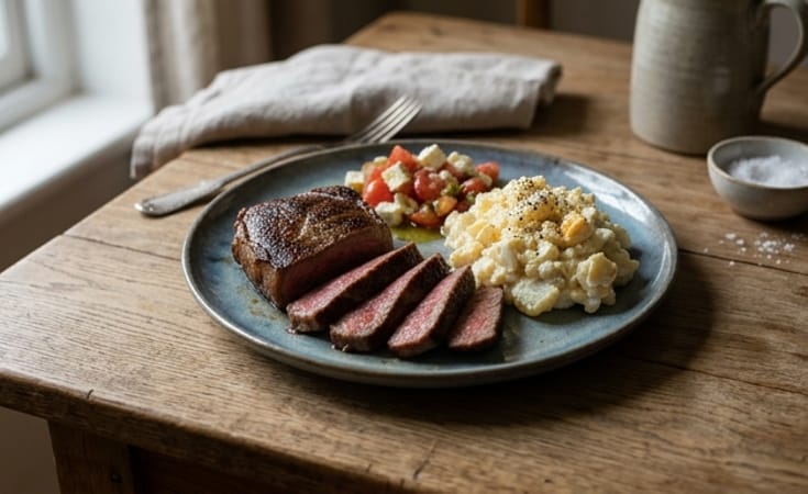 Seared Beef Steak with Creamy Potato Salad and Tomato-Feta Salad