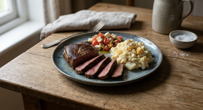 Seared Beef Steak with Creamy Potato Salad and Tomato-Feta Salad