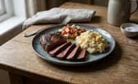 Seared Beef Steak with Creamy Potato Salad and Tomato-Feta Salad