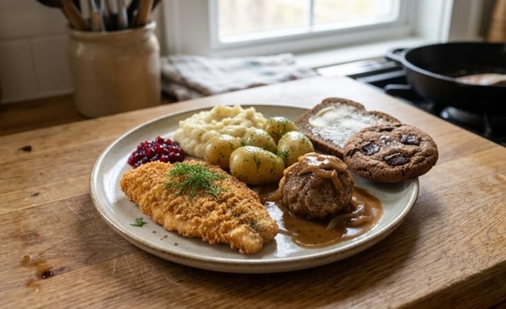 Swedish Holiday Plate with Crispy Fish, Meatball, Potatoes, Lingonberry and Chocolate Cookie