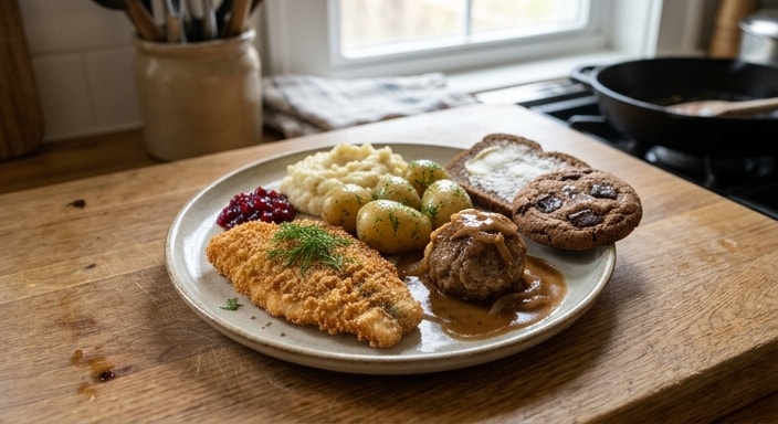Gemengde feestbord met gebraaide vis, babaartappels, frikkadel in bruinsous, kapokaartappels, lingonbessies, gebotterde brood en sjokoladekoekie