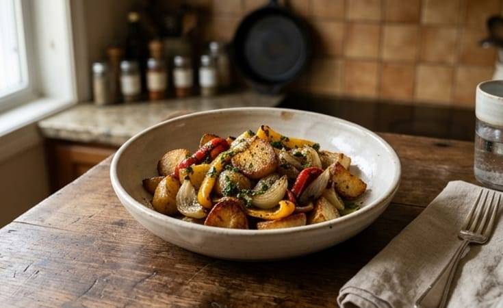 Roasted Potatoes with Charred Bell Pepper, Sweet Onion, and Parsley Oil