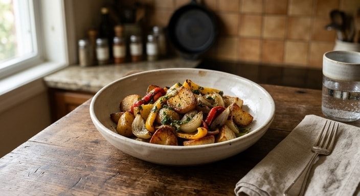 Roasted Potatoes with Charred Bell Pepper, Sweet Onion, and Parsley Oil