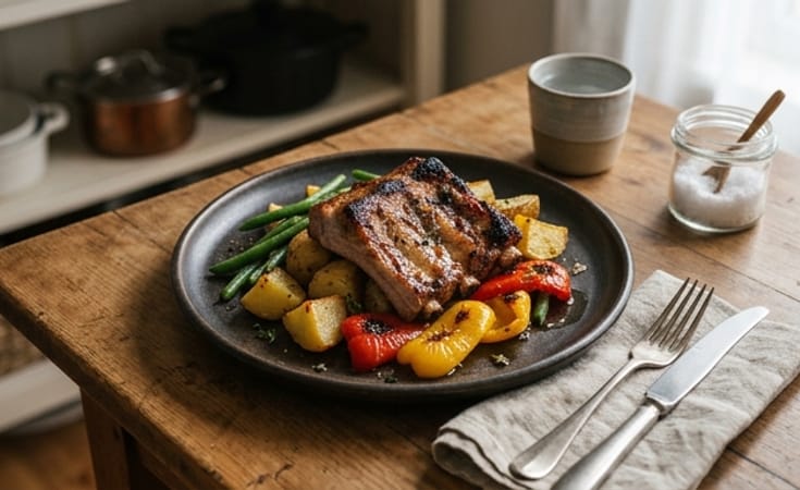 Roasted Pork Ribs with Potatoes, Peppers, and Green Beans