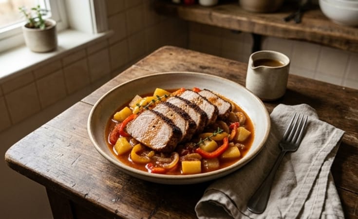 Roast Pork Loin with Pepper-Potato Stew