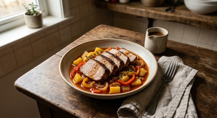 Cerdo asado con estofado de patata y pimiento