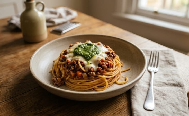 Spaghetti with Beef Ragù, Basil Pesto, and Melted Mozzarella