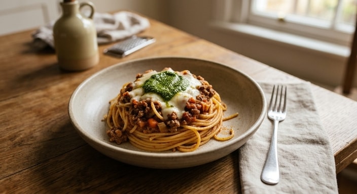 Spaghetti with Beef Ragù, Basil Pesto, and Melted Mozzarella