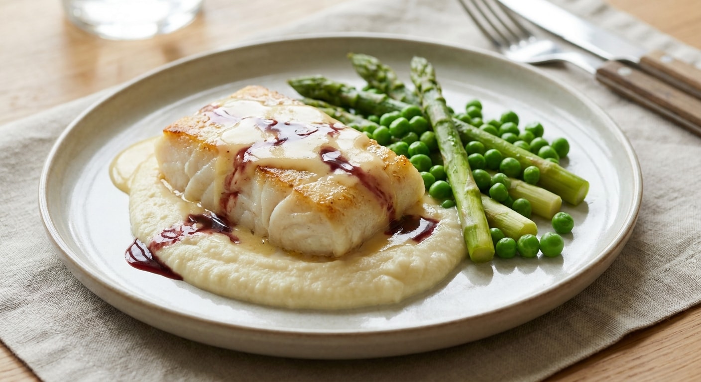 Cod with Beurre Blanc, Cauliflower Purée, Asparagus and Peas