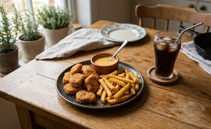 Chicken Nuggets with Crinkle-Cut Fries, Cheese Sauce, and Chilled Soft Drink