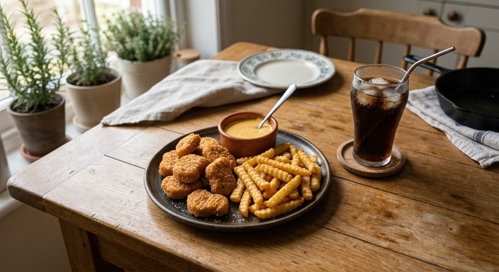 Chicken Nuggets with Crinkle-Cut Fries, Cheese Sauce, and Chilled Soft Drink