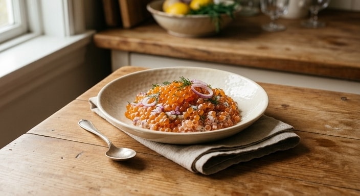 Salmon Roe with Red Onion, Mayonnaise, and Dill