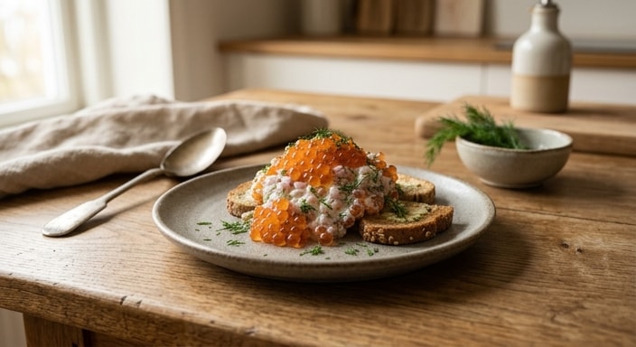 Salmon Roe with Red Onion, Mayonnaise, and Dill