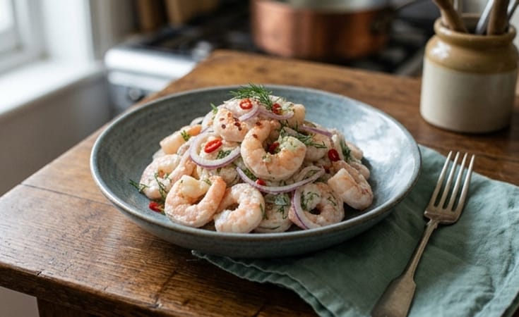 Creamy Shrimp Salad with Red Onion, Dill, and Chili